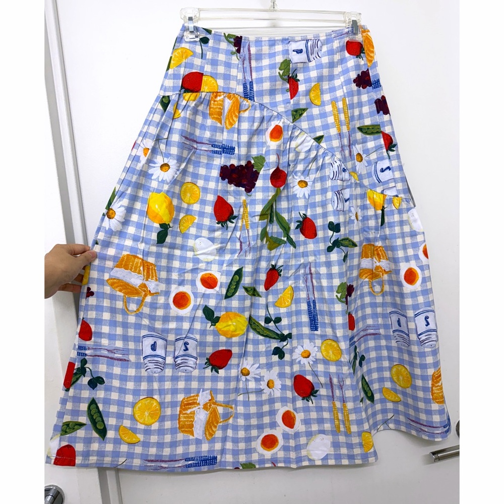 NWT Lisa Says Gah Maeve Picnic Alfresco Midi Skirt Food Vegetable Blue Gingham M - Picture 7 of 10